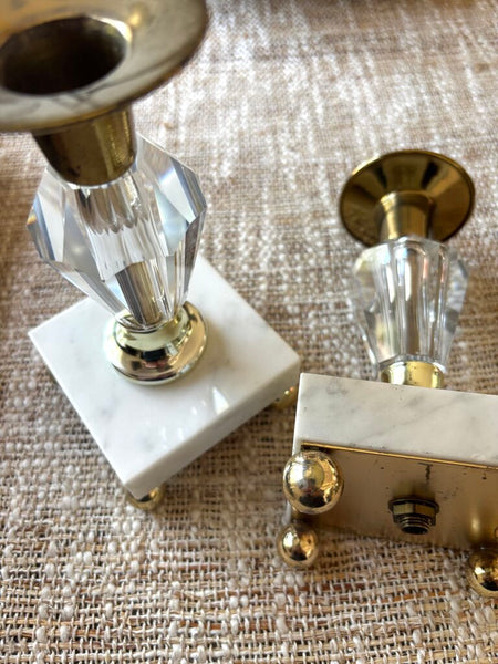 Vintage Brass & Lucite Candlestick Holders w/ Marble Base