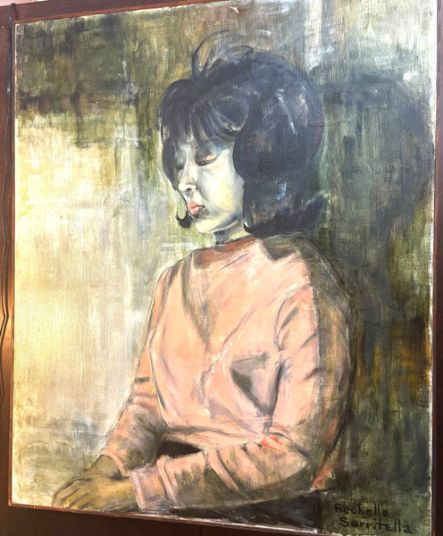 1961 Wood Framed Painting of Dark Haired Woman by Serritella 44.5 x 36.5 (in store PU)