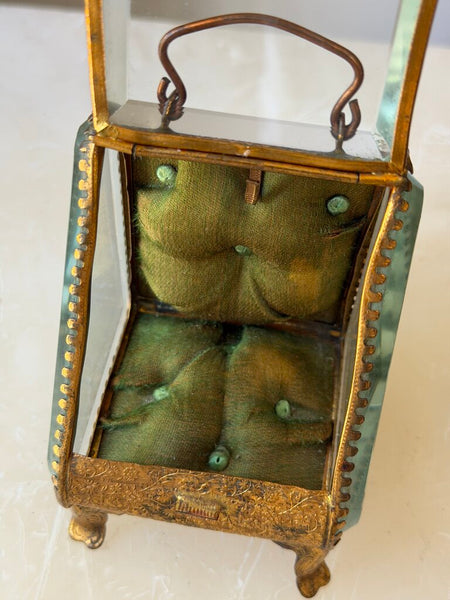 2374 Antique French Green Silk Pocket Watch/Jewelry Display Case