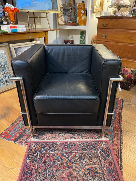 Petite black leather club chair as is