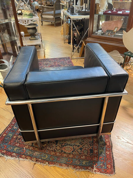 Petite black leather club chair as is