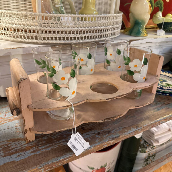 Handmade pink wooden glass caddy vtg