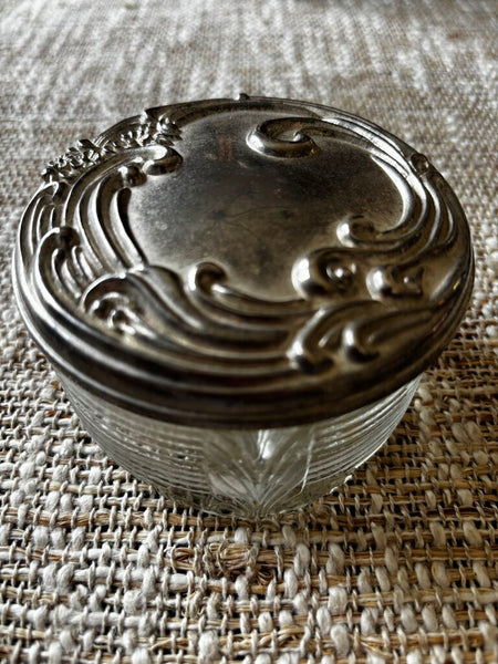 Vintage Glass Powder Jar / Vanity Dresser Silver Plate Lid Mirrored Inside