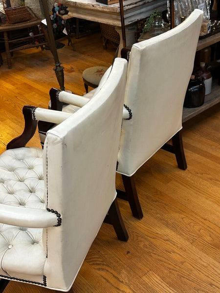 PAIR OF JASPER SEATING ANILINE-DYED WHITE LEATHER AND WOOD TUFTED ARMCHAIRS WITH BRASS NAILHEAD TRIM, AS FOUND. 35"H x 27"D x 24"W. IN STORE PICKUP.