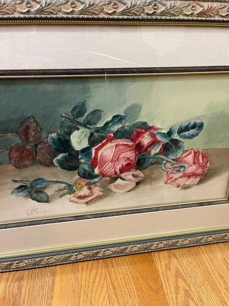 Framed and matted vantage Rose painting signed 25 1/2 in x 20 in