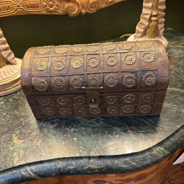 WOODEN TREASURE CHEST BOX WITH BRASS ACCENTS