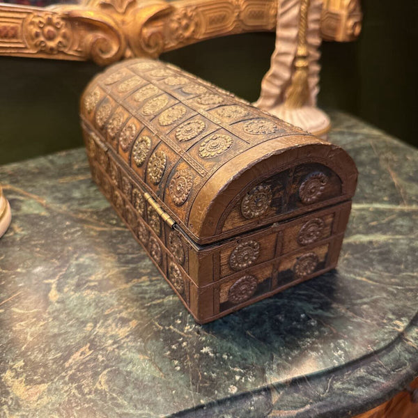 WOODEN TREASURE CHEST BOX WITH BRASS ACCENTS