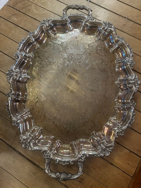 FOOTED SILVER PLATED SERVING TRAY WITH HANDLES 22" x 16"