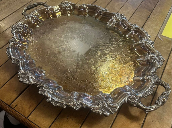 FOOTED SILVER PLATED SERVING TRAY WITH HANDLES 22" x 16"
