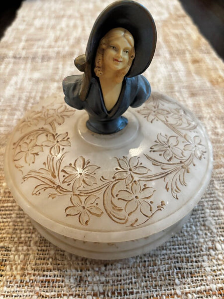 VINTAGE MAIDEN GIRL METAL FIGURE ON ALABSTER DRESSER BOX