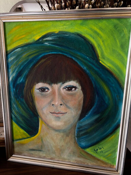 Vintage 1977 Signed Framed Painting of Girl in a Hat 17.25 c 21.5