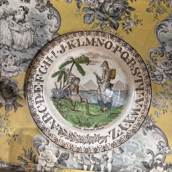 Antique Robinson Crusoe Staffordshire Childs Plate. Given to children in England to help them learn the alphabet.