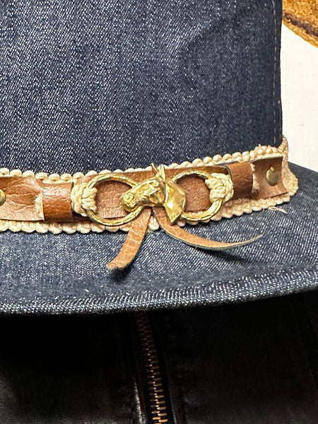 Vintage 70-80's Denim Cowboy Hat Brass Horse Detail