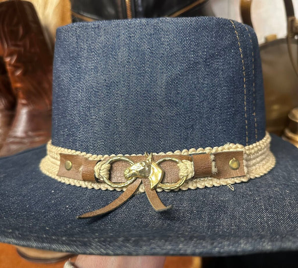 Vintage 70-80's Denim Cowboy Hat Brass Horse Detail
