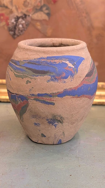 Tan with blue and pink Ozark roadside pottery approximately 7 inches