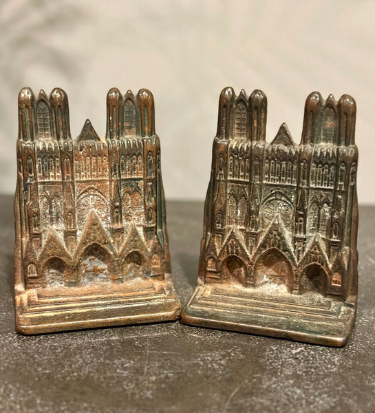 PAIR CAST IRON NOTRE DAME CATHEDRAL BOOKENDS, FABULOUS PATINA