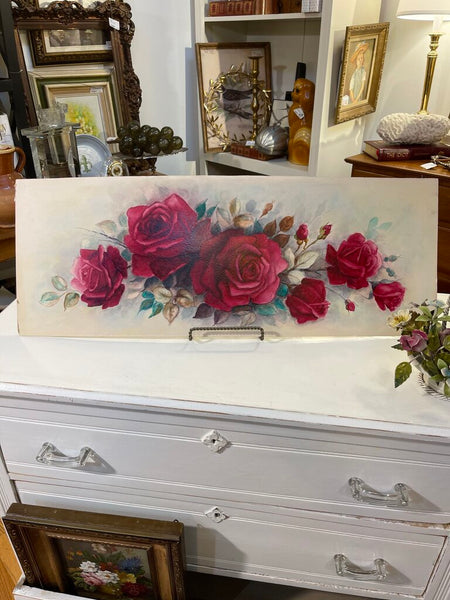 Antique Rose painting 32 in long x 12 in unframed as is