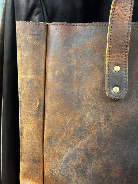 Beautiful Handcrafted Etsy Brown Leather Tote 12x18 w/out strap Extra Leather Clutch Inside