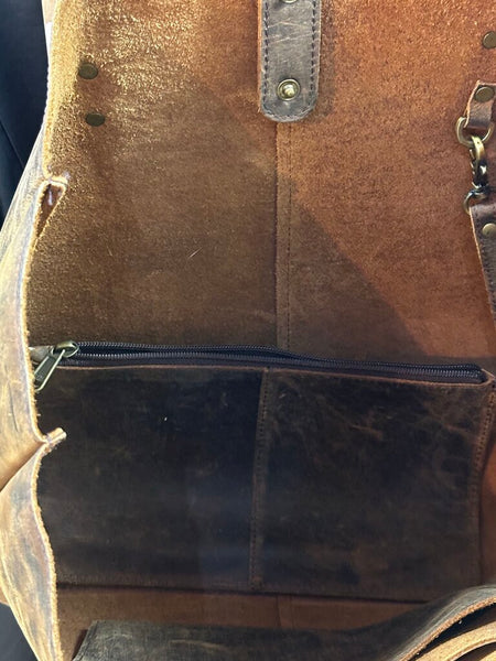 Beautiful Handcrafted Etsy Brown Leather Tote 12x18 w/out strap Extra Leather Clutch Inside