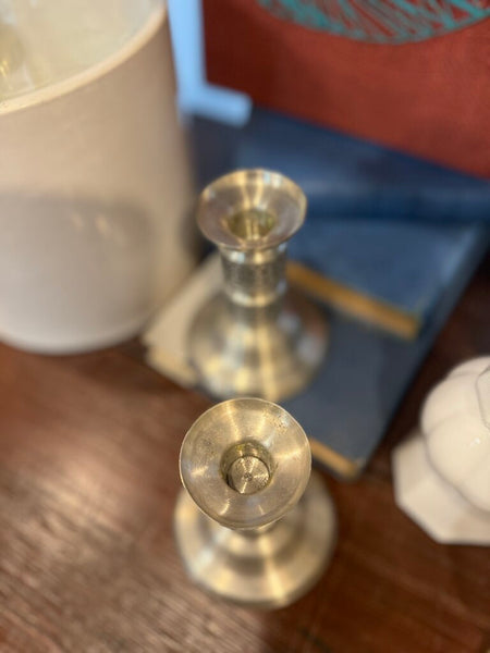 Pair pewter mid century candle holders Haugrud (Norway) 3 3/8" x 4 1/2"