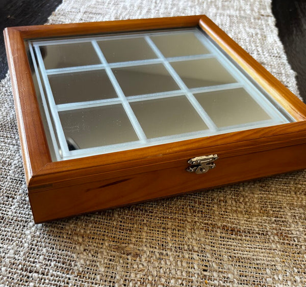 Vintage Crystal Tic Tac Toe Game w/Mirrored Top in Wooden Lined Box