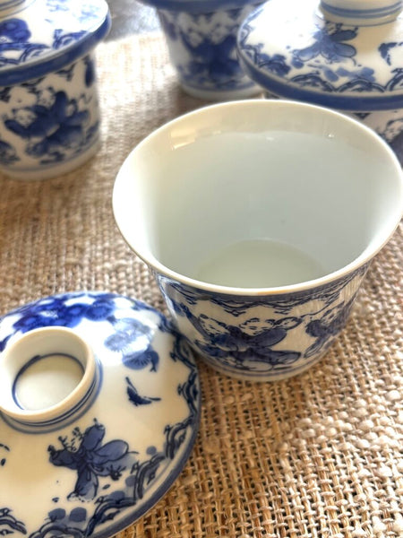 4 Nabeshima Rice Bowls Tea Cups with Lids Fine Japanese Porcelain Blue White