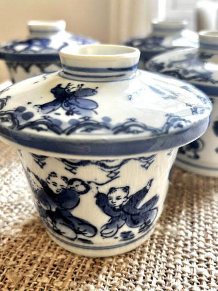 4 Nabeshima Rice Bowls Tea Cups with Lids Fine Japanese Porcelain Blue White