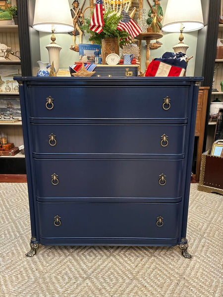 Vintage Navy Four Drawer Chest w/ Brass Feet and Hardware 36"w x 39"h x 19" IN STORE PICKUP ONLY