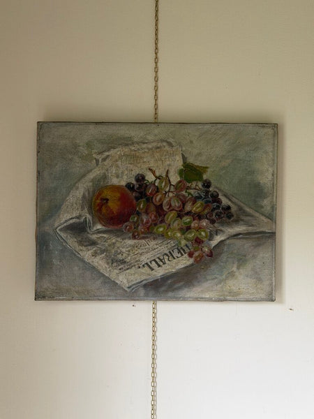 1580 Antique Grapes on Newspaper Still Life Painting on Canvas