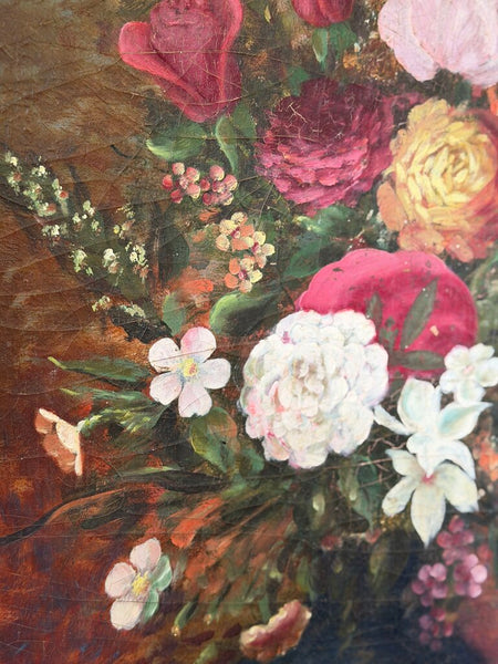 1583 19th C. Vertical Floral Still Life Painting on Canvas