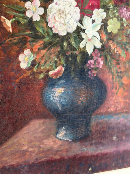 1583 19th C. Vertical Floral Still Life Painting on Canvas