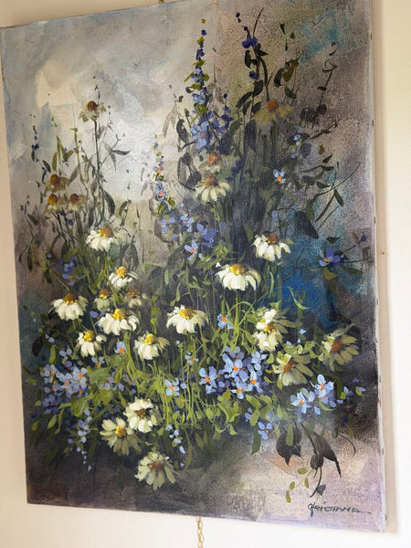 1585 Vintage Purple Wildflower Painting On Canvas