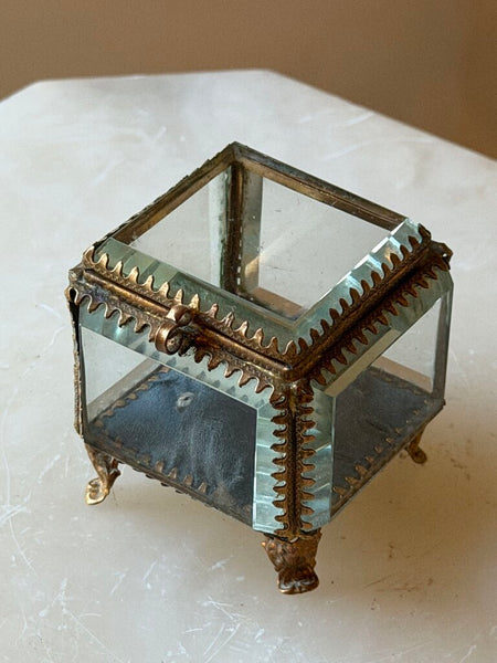 2391 Antique French Square Glass Casket w/ Blue Lining