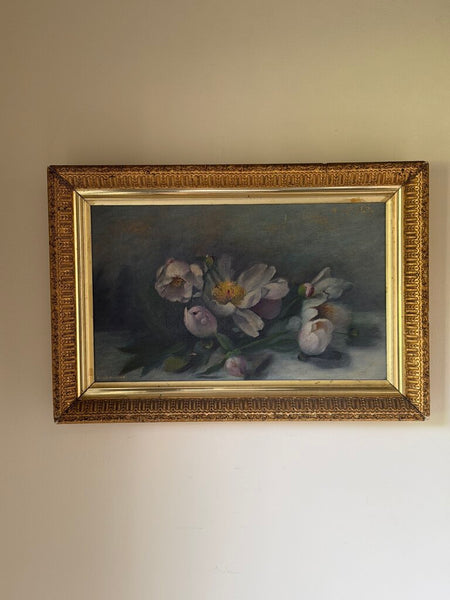 1594 Antique Peony Painting On Canvas (double sided veggies on back)