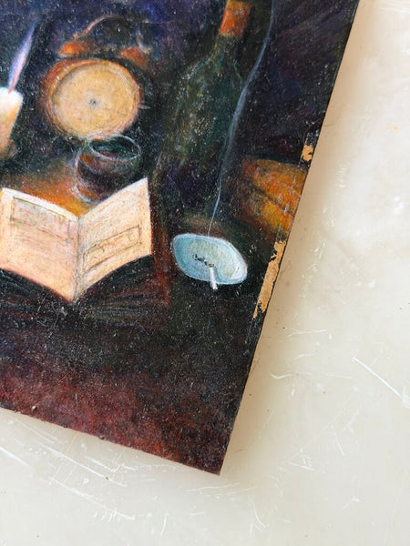 1602 Vintage Book/desktop still life painting on wood