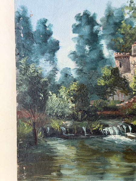 2227 French Vintage Vertical Pond Scene with Mansion in Background