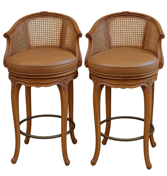 1611 Pair of Vintage Swivel Wood and Leather Bar Chairs
