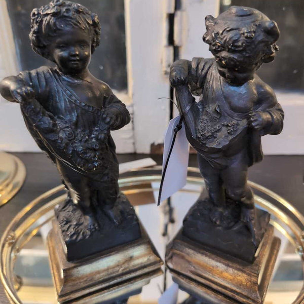 Vintage Italian Pair of Borghese Four Seasons Cherub Statues Black Chalkware on Gold Bases 8 in