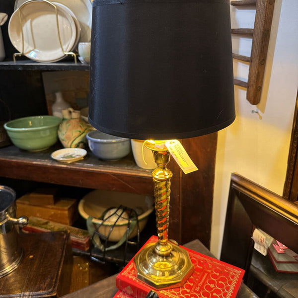 Brass twisted candlestick lamp with black shade 21in tall