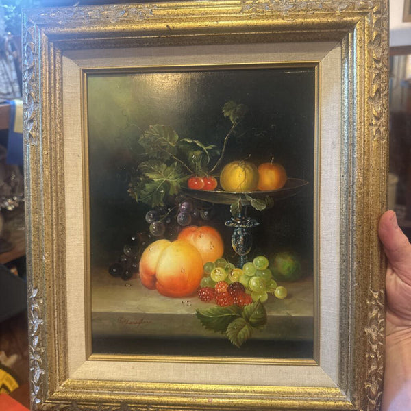 STILL LIFE, FRUIT #1. ORIGINAL OIL ON BOARD, SIGNED AND FRAMED 14 1/2" x 12 1/2"