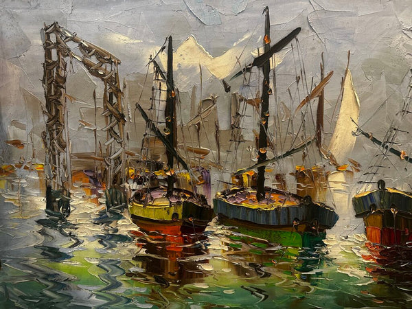 COLORFUL HARBORSCAPE ON CANVAS, UNSIGNED, AS FOUND 24" x 20" IN STORE PICK UP
