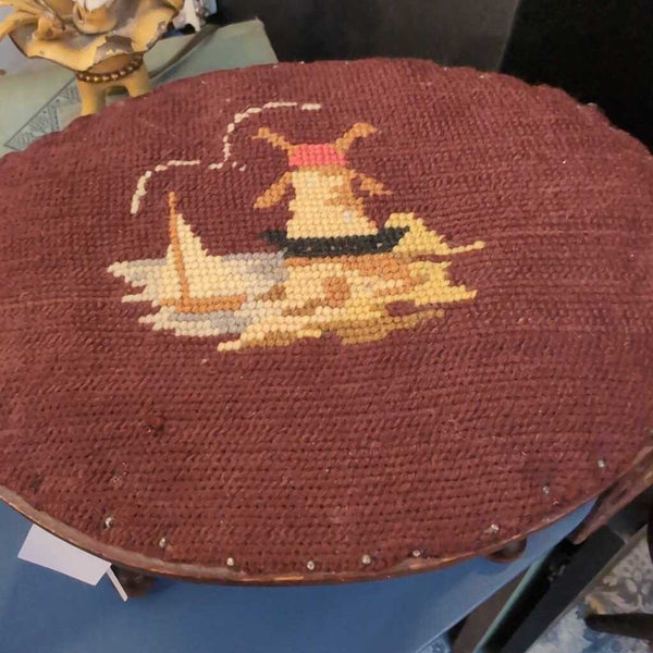 Sweet Small Vintage Stool with Embroidered Maritime CrossStitch Top