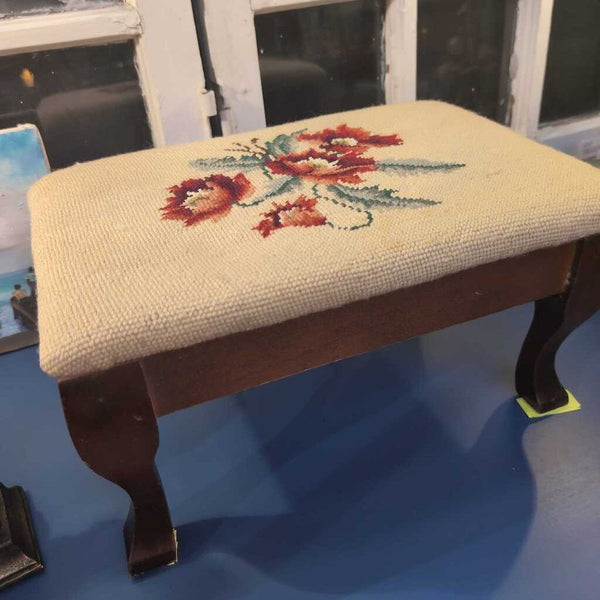 Pretty Vintage Wooden Stool with Floral Embroidered Top 10x15x8
