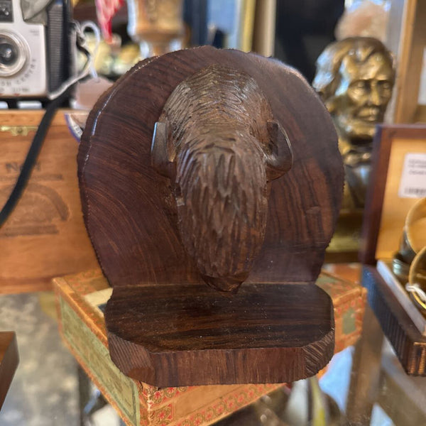 PAIR wood carved Bison Bookends