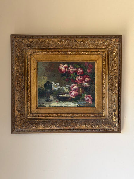 1662 Pink floral still life oil on canvas painting