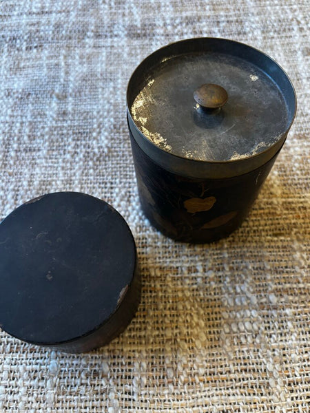 Hand-Painted Black 13oz Tea Tin Box Metal Floral Design Asian 19th/20th