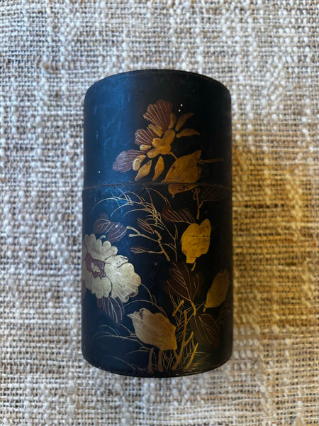 Hand-Painted Black 13oz Tea Tin Box Metal Floral Design Asian 19th/20th