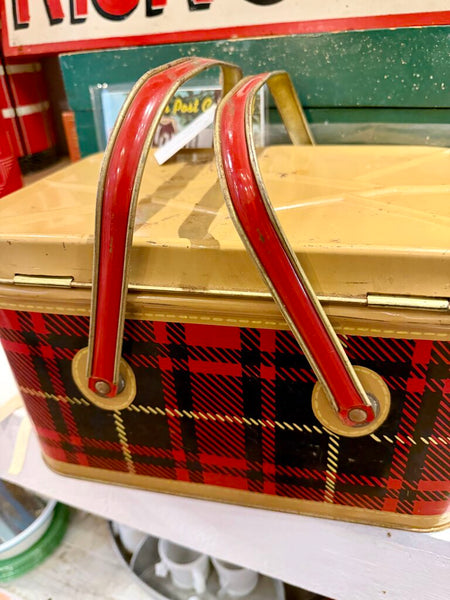 JFV ~ Vintage plaid black and red metal picnic tin .