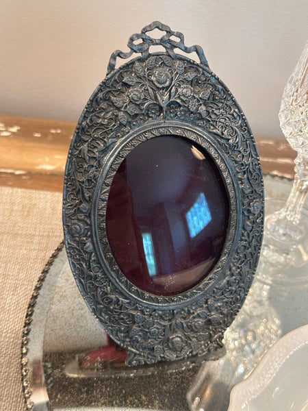VINTAGE PEWTER FRAME WITH CONVEX GLASS