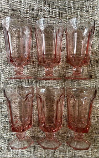 VTG SET 6 FOSTORIA PINK 10 OZ. FOOTED GLASS GOBLET